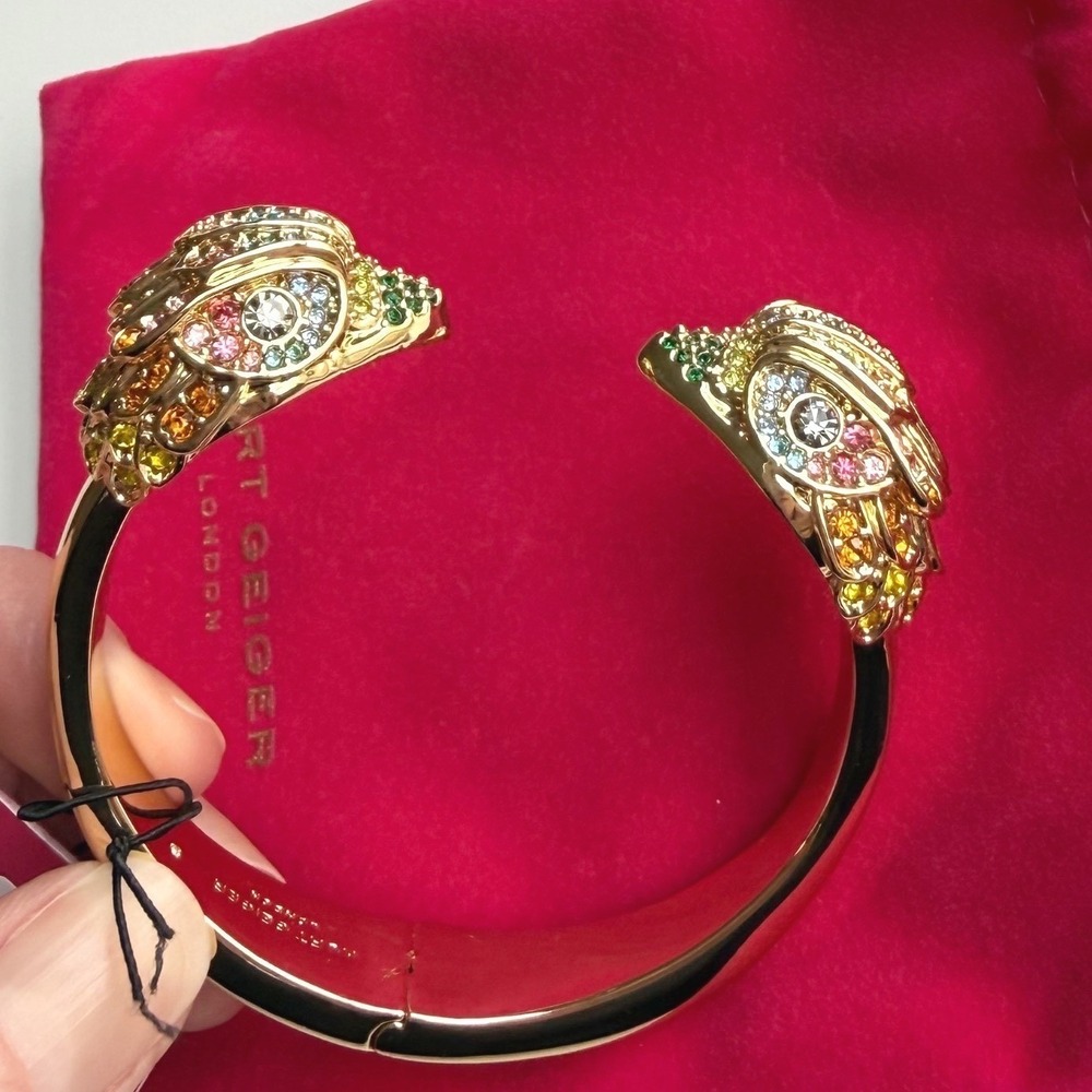 NWT Kurt Geiger Rainbow Crystal Eagle Hinged Bangle Gold Tone Cuff Bracelet - Picture 8 of 10
